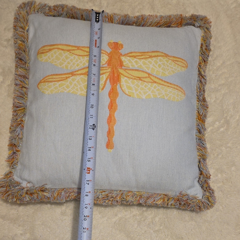 Elaine Smith DRAGONFLY Chambray Multicolor Fringed Throw Pillow 18x18